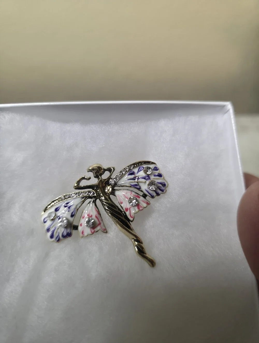 Elegant Gold-Tone Fairy Wing Brooch with White, Purple & Pink Enamel